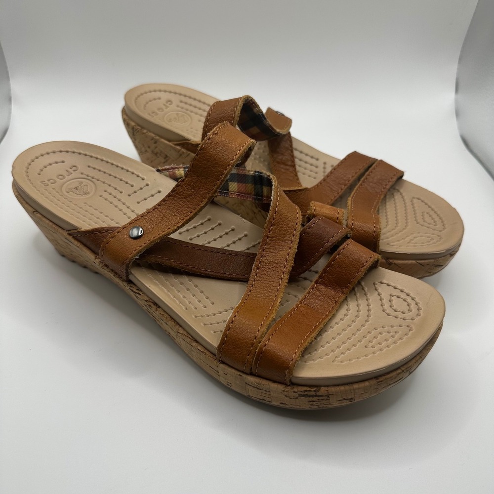 Crocs Womens Wedge Sandals Size 7M‎ Brown Leather Strappy Comfort Casual